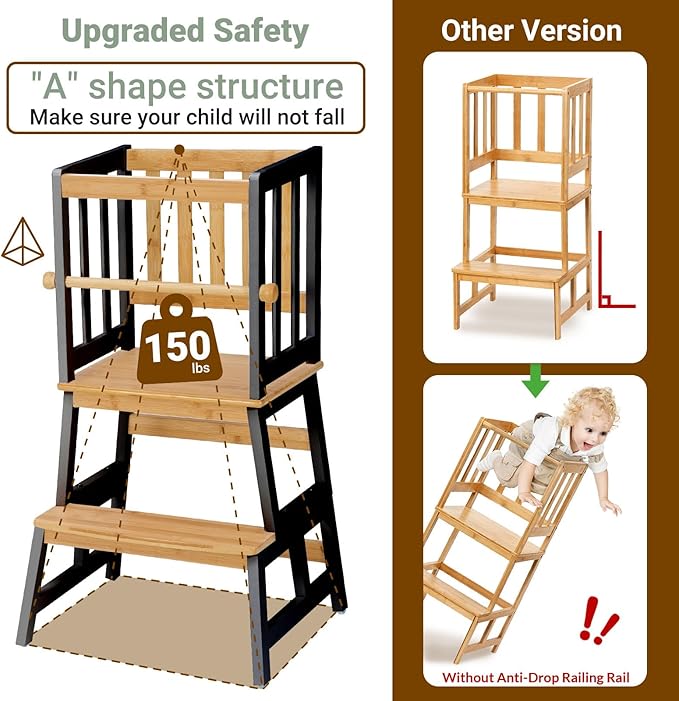 COSYLAND Kids Kitchen Step Stool, Toddler Standing Tower with CPC & FSC Certification, Removable Anti-Drop Railing Safety Rail Enjoys Unique Patented Design A Anti-tip Stable Structure Natural & Black