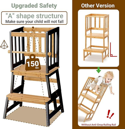 COSYLAND Kids Kitchen Step Stool, Toddler Standing Tower with CPC & FSC Certification, Removable Anti-Drop Railing Safety Rail Enjoys Unique Patented Design A Anti-tip Stable Structure Natural & Black