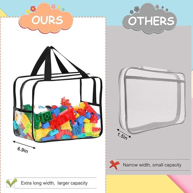 6 Packs Extra Large Toy Storage Bags 12.6×9.25×6.9In with Labels, Reusable Clear PVC Board Game Storage, Travel Waterproof Organizer Bags with Zipper for Building Blocks, Puzzle, Stuffed Animals