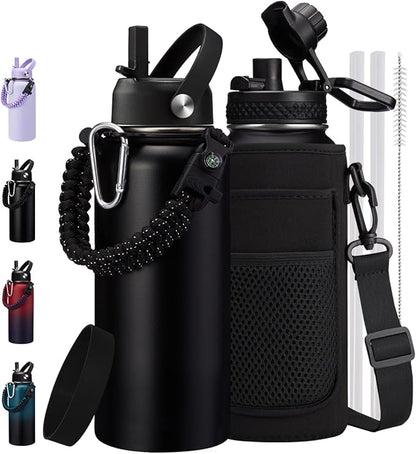 32oz Insulated Water Bottle Flask - Cold-48h & Hot-24h, Stainless Steel Water Bottle Hydro Cup with Paracord Handle, Straw & Spout Lids, Strap Carrier Bag, Meta Water Bottle for Sports Fitness Hiking