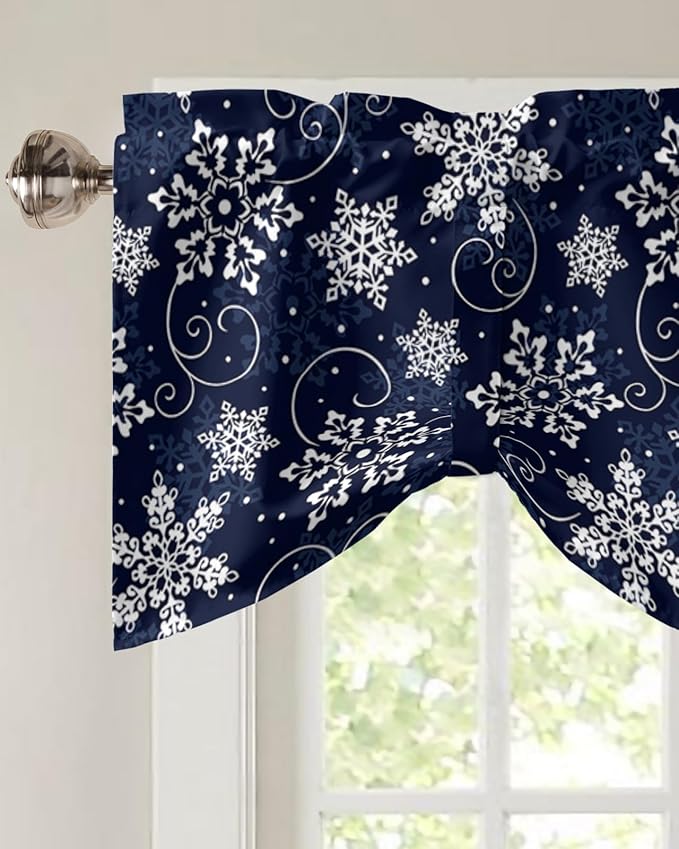 Christmas Blackout Tie Up Valance Curtains for Kitchen Windows White Navy Snowflakes Pattern Window Toppers Balloon Shades for Living Room/Bathroom/Bedroom,1 Panel, 60" X 18", Winter