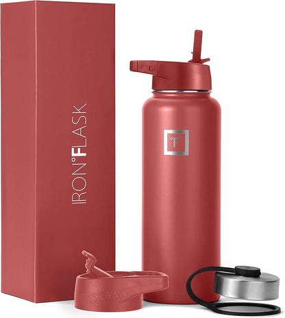IRON °FLASK Sports Water Bottle - 40 Oz 3 Lids (Straw Lid), Leak Proof - Stainless Steel Gym & Sport Bottles for Men, Women & Kids - Double Walled, Insulated Thermos, Metal Canteen, Rusty Red