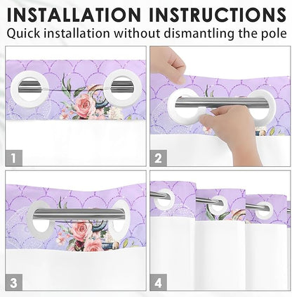 Anchor Beach Nautical No Hook Shower Curtain with Snap in Liner, Mermaid Pink Floral Coral Bath Curtain with Double Layers Waterproof Fabric and Mesh Top Window 71x74 Inch