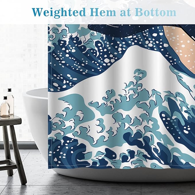 Aimego Extra Long Shower Curtain - Funny Cute Cat Riding Shark in Ocean Wave, Whale Cat Fabric Cloth Fun Bath Shower Curtain Set with 12 Hooks for Bathroom Decor Bathtub Curtain, 72"x84"