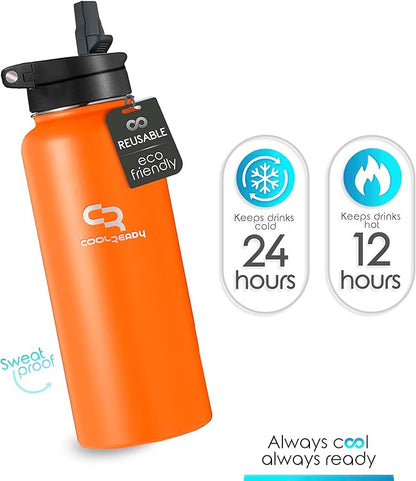 40oz Orange Water Bottle Stainless Steel - With Handle Straw Lid, Coffee Thermos, Chug Water Bottle - Double Walled Stainless Metal Water Bottle - Gym, Outdoor, Office – Leak Proof