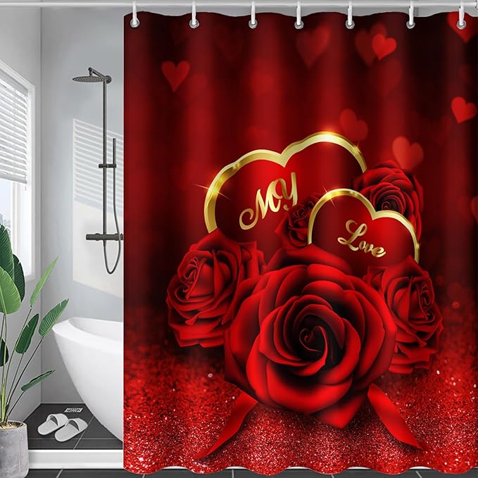 AILONEN Red Rose Shower Curtain for Bathroom, Romantic Flower Rose 3D Printed Valentine Wedding Bathroom Curtain,72" W*96" H Polyester Waterproof Bath Curtain with 12 Hooks