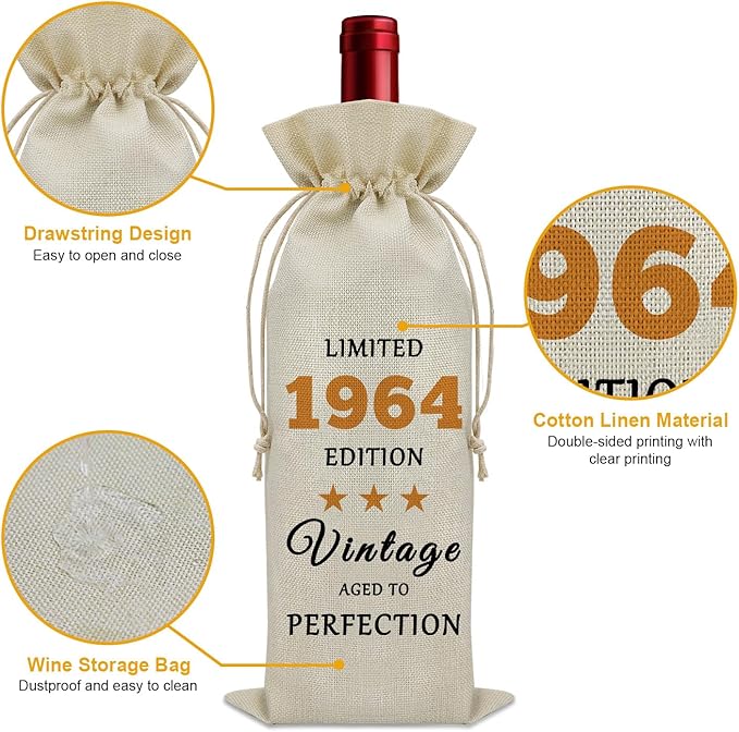 60th Birthday Gifts for Her Wine Bag 60 Year Old Birthday Gifts for Men Born in 1964 Gifts for Women Wine Bottle Storage Bag Birthday Gifts for Sister Turning 60 Wine Accessories Gifts for Wine Lovers