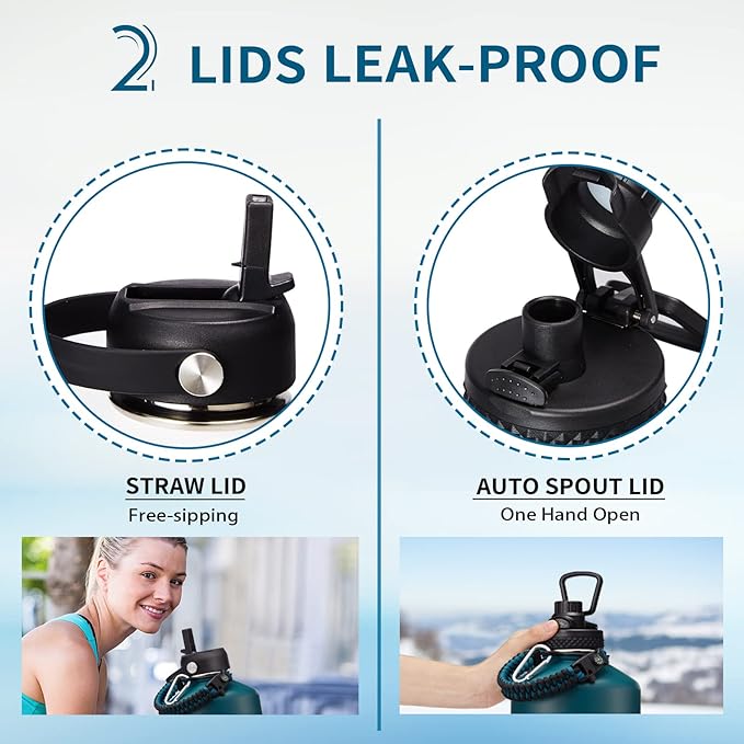 Large Insulated Water Bottles 1 Gallon - Water Jug with Strap Carrier Bag, Straw & Spout Lid, Paracord Handle, Bottle Boot, Big Metal Water Flask Stainless Steel Canteen, 128oz Insulated Water Bottle