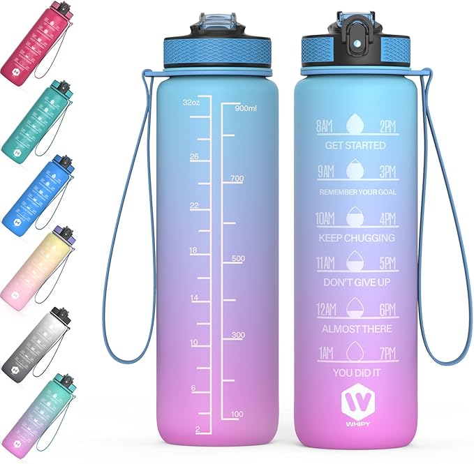 32 oz Water Bottle with Time Marker- Leak-Proof & BPA Free Reusable Gym Water Bottle - Easy to Carry Motivational Water Bottle for Fitness, Sports, Outdoor, Cycling, School (Light Blue & Pink)