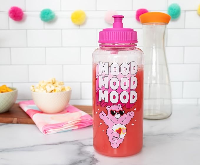 Silver Buffalo Care Bears Love-A-Lot Bear Mood Plastic Water Bottle With Spill-Resistant Sports Cap Lid | Holds 34 Ounces