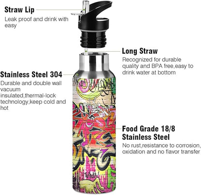 xigua Graffiti Wall Water Bottle, BPA Free Stainless Steel Water Bottle Leak-Proof Sports Bottle for Camping Workouts Gym and Outdoor Activity, 22oz