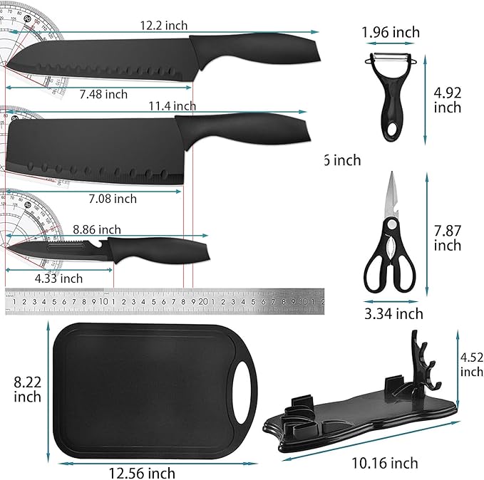 Magicorange 7-Piece Kitchen Knife Set - 5 Black Stainless Steel Knives with Sheaths, Cutting Board, and a Knife Block- Stainless Steel Kitchen Knives with PP Ergonomic Handle (Matte Black)