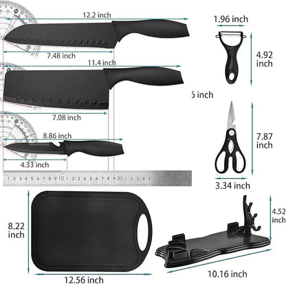 Magicorange 7-Piece Kitchen Knife Set - 5 Black Stainless Steel Knives with Sheaths, Cutting Board, and a Knife Block- Stainless Steel Kitchen Knives with PP Ergonomic Handle (Matte Black)