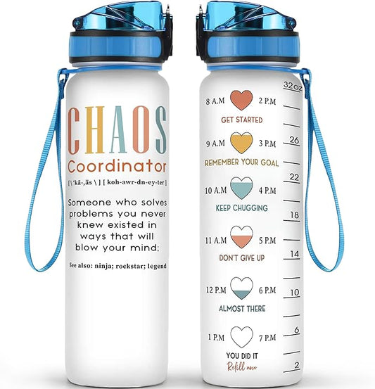 Macorner Chaos Coordinator Water Bottle Time Marker 32oz Leakproof - Birthday Gift Idea for Boss Women Coworker Manager Teacher Boss Lady Office Work Bestie - Suitable for School Gym Nurse Farewell