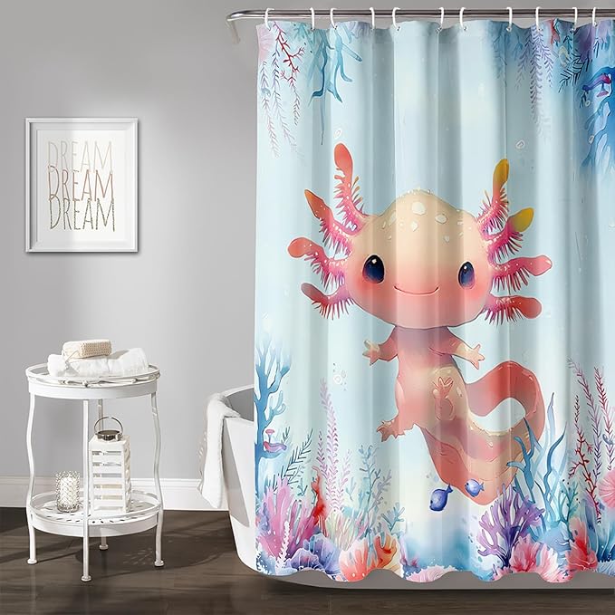 AILONEN Axolotl Shower Curtain for Bathroom,Watercolor Axolotl Coral Bath Curtain for Kids Girls,Ocean Animal Salamander Blue Shower Curtain Decoration Waterproof with 12 Plastic Hooks, 72" W*72" H