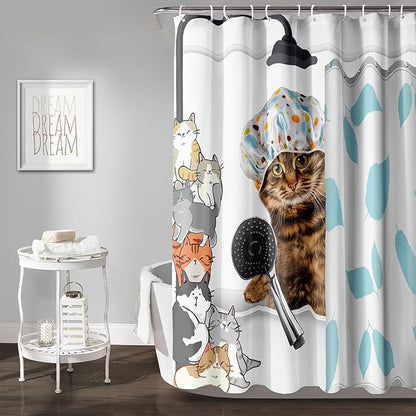AILONEN Funny Cat with Shower Cap Shower Curtain for Kids 72" W*84" H Inch,Cute Cartoon Animals Bathroom Curtain,12 Pack Hooks Polyester Waterproof Fabric Decor for Bathroom,White