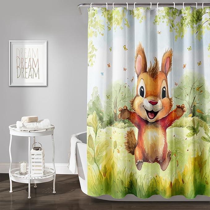 AILONEN Cartoon Cute Squirrel Shower Curtain,Kawaii Squirrel Bathroom Curtains for Kids,Girls,Tie Dye Tree Shower Curtains Set with Hooks for Bathroom,36" W*72" H