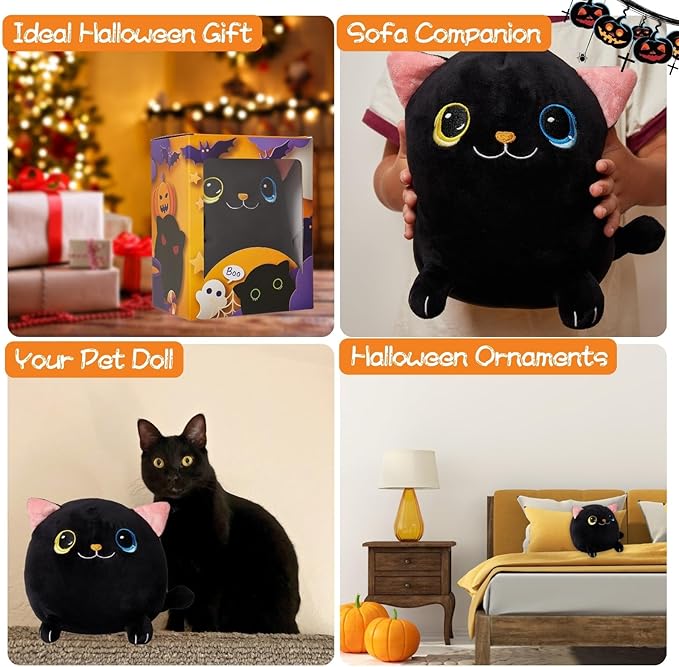 9.4" Black Cat Plush Toys - Halloween Stuffed Animal Cute Black Cat Pillow Halloween Plush Cat Stuffed Animals Halloween Cat Plush Gift for Halloween Party Decor Kids, Girls & Boys Birthday
