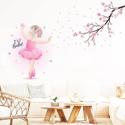 Pink Cherry Blossom Wall Decals, Dancing Ballet Girl Wall Stickers, Flower and Tree Branch Wall Decor, Removable Vinyl Wall Decor Mural Art for Baby Nursery Bedroom & Living Room Sofa TV Backdrop Decoration