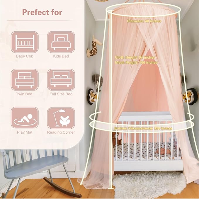 40"x 106" Bed Canopy for Girls & Adults, Double Layer Princess Round Dome Bed Curtain Canopy Drapes, Dreamy Mosquito Net Reading Nook, Bedroom Decoration (Pink)