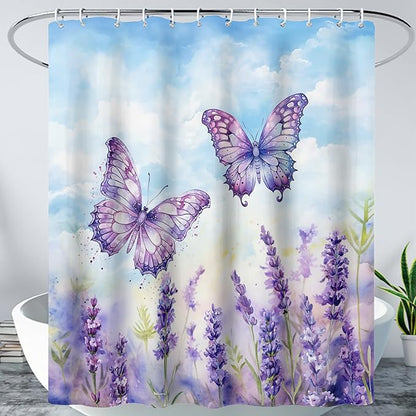 AILONEN Beautiful Butterfly Shower Curtain for Kids Girls Boys, Flying Butterfly Bath Curtains for Bathroom,Blossoming Lavender Flowers Shower Curtain Set with Hooks,72" W*84" H