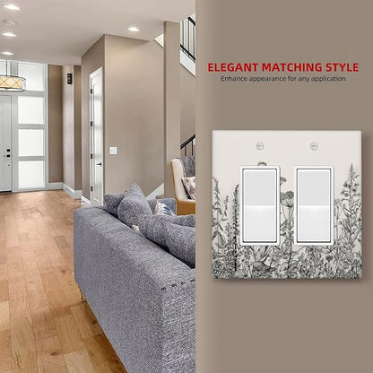 Vintage Grey Floral Herbs Wild Flowers Botanical 2 Gang Rocker Decora Boho Light Switch Covers Decorative Country Unique Dual Outlet Covers Wall Plate Electrical Faceplate Switchplate GFCI
