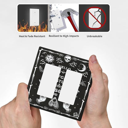 Black Witchy Skeleton Skull Gothic Sun Moon 2 Gang Rocker Decora Novelty Light Switch Covers Decorative Unique Dual Outlet Covers Wall Plate Electrical Faceplate Switchplate GFCI