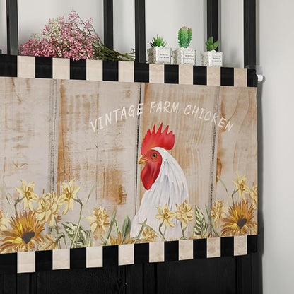 Farmhouse Kitchen Curtains Valances for Windows Sunflower Vintage Farm Chicken Rod Pocket Window Treatment for Kitchen/Living Room/Bedroom/Bathroom,42" X 18" -1 Panel, Black White Plaid