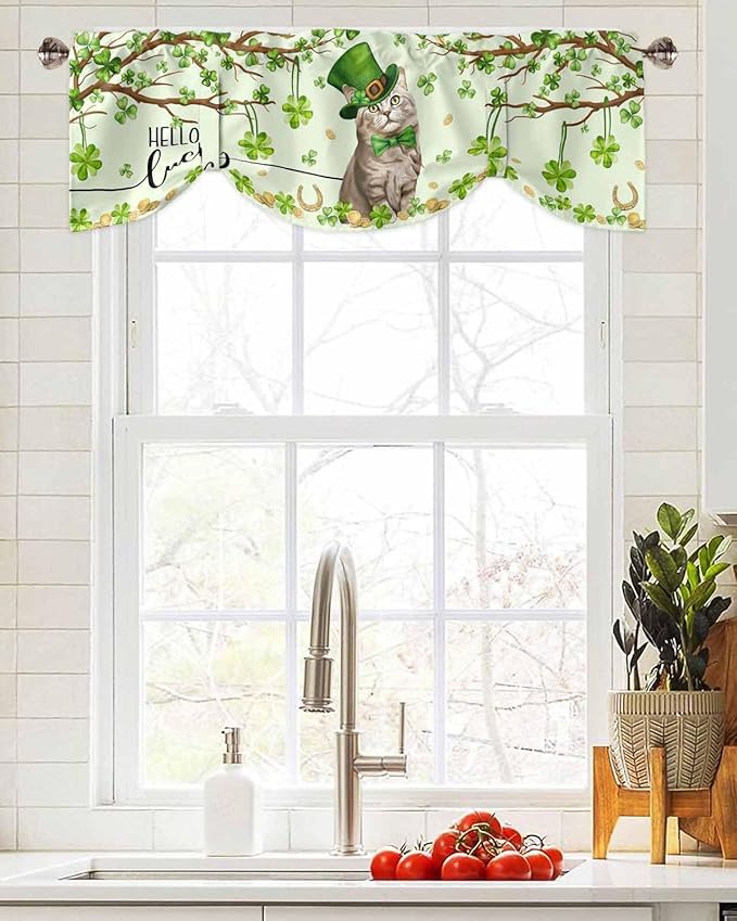 Lucky Cat St. Patrick's Day Blackout Tie Up Valance Curtains for Kitchen Windows Green Spring Shamrocks Tree Window Toppers Balloon Shades for Living Room/Bathroom/Bedroom,1 Panel, 54" X 18"