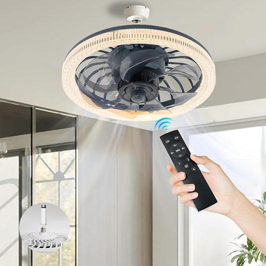 Light Socket Fan with Remote,12.2''Socket Modern Flush Mount Low Profile Ceiling Fan,Screw in Socket Fan Light with Dimmable Brightness and Color Temp,for Bedroom,Small Living Room Kitchen
