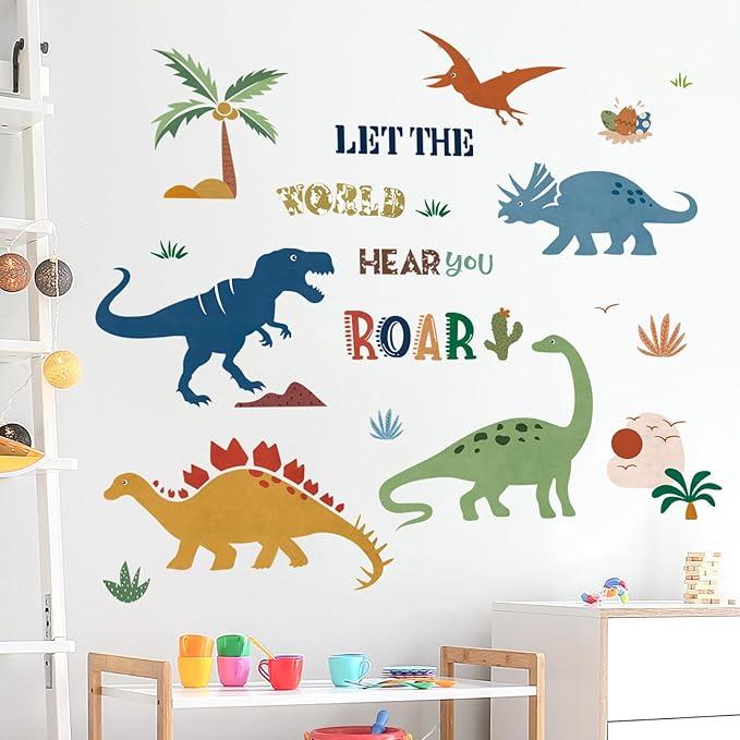 decalmile Boho Dinosaur Wall Decals Dino Palm Tree Wall Stickers Baby Nursery Boys Bedroom Playroom Wall Decor Gifts for Kids