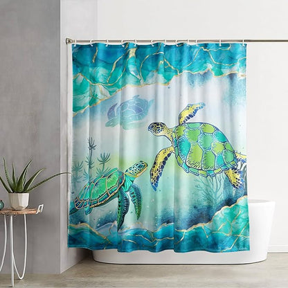 AILONEN Green Sea Turtle Shower Curtain,Cartoon Turtle and Water Plant Shower Curtain Set for Bathroom,Marble Theme Waterproof Fabric Shower Curtain with Hooks,72" W*84" H