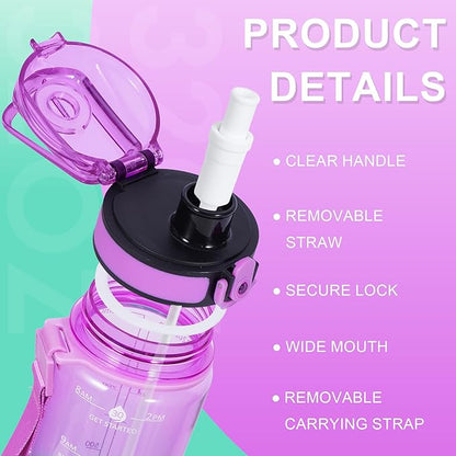 32 oz Water Bottle with Detachable Straw, Clear Motivational Water Bottles with Time to Drink, Tritan & BPA Free Sports Water Jug with Time Marker, Upgraded handle design