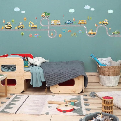 Kids Car Road Wall Decals Truck Pictures for Toddler Walls 43PCS Transports and Road Wall Stickers Wallpaper Peel and Stick Daycare Traffic Signal Wall Art Excavator Wall Decal for Playroom Nursery