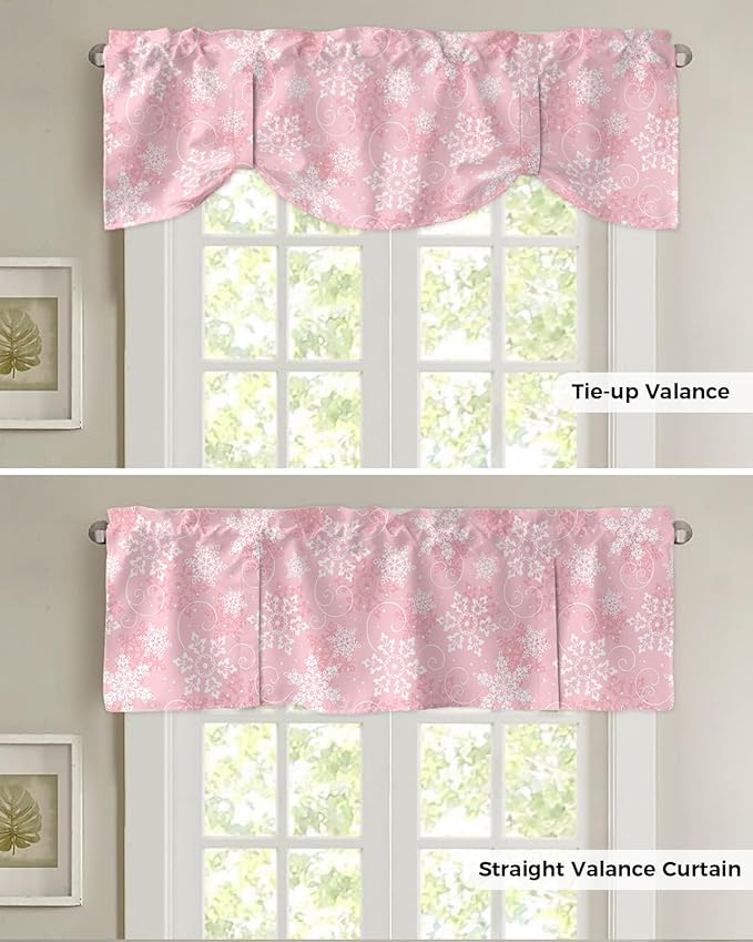 Christmas Blackout Tie Up Valance Curtains for Kitchen Windows Pink White Snowflakes Pattern Window Toppers Balloon Shades for Living Room/Bathroom/Bedroom,1 Panel, 60" X 18", Winter