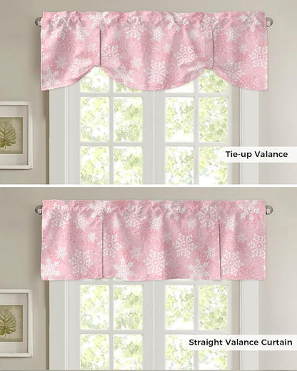 Christmas Blackout Tie Up Valance Curtains for Kitchen Windows Pink White Snowflakes Pattern Window Toppers Balloon Shades for Living Room/Bathroom/Bedroom,1 Panel, 42" X 12", Winter