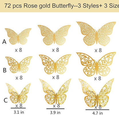 72Pcs 3D Butterfly Wall Decor 3 Sizes 3 Styles, Removable Butterfly Stickers Wall Decals, Butterfly Decorations Party Birthday Cake Decoration for Kids Nursery Wedding Bedroom Room(Rose Gold)