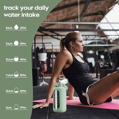 74 oz Glass Water Bolttles with Straw Large Motivational Water Bottle with Time Marker Sports Water Bottles with Silicone Sleeve and Handle Lid 2.2L Water Jug for Gym Workout