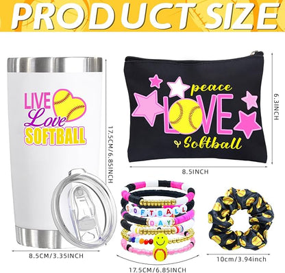 6 Pcs Softball Gifts Set Including 20oz Softball Tumbler cup Softball Bracelet Softball Makeup Bags Softball Stickers Hair Ties Sport Hair Scrunchie for Softball Lovers