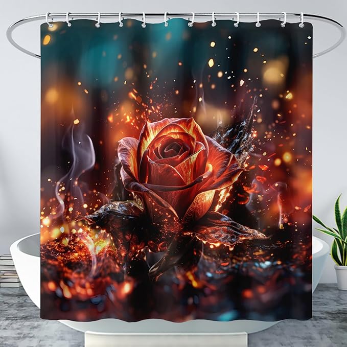 AILONEN 3D Rose Shower Curtain for Bathroom, Romantic Flame Smoky Rose Flower Bath Curtain,Burning Rose Shower Curtain Decoration Waterproof with 12 Plastic Hooks, 60" W*72" H