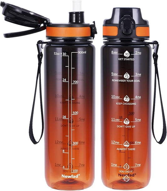 32 oz Water Bottle with Detachable Straw, Clear Motivational Water Bottles with Time to Drink, Tritan & BPA Free Sports Water Jug with Time Marker, Upgraded handle design