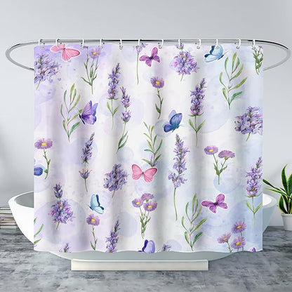 AILONEN Purple Flower Butterfly Shower Curtain 48" W*72" H,Spring Floral Girls Bathroom Decor,Modern Tie Dye Watercolor Butterfly Bath Curtain Polyester Waterproof Bathroom Curtain with Hooks