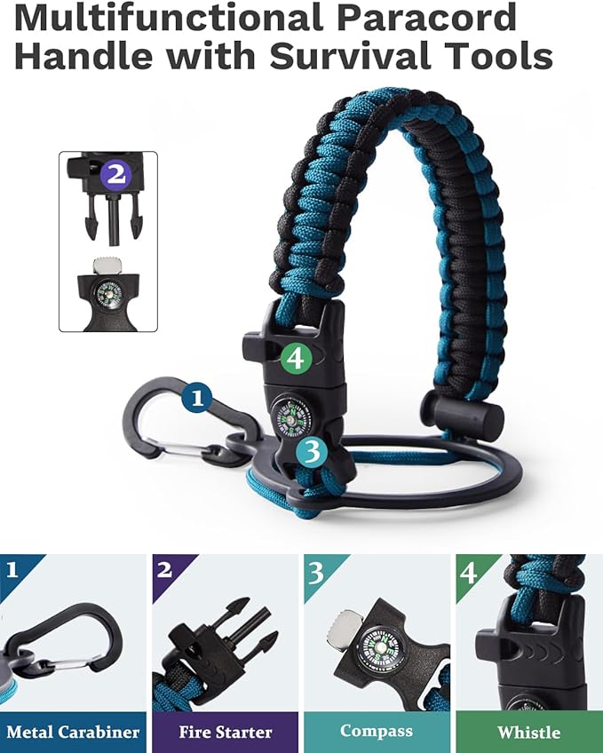 40 oz Insulated Water Bottle - w/Straw Spout Lids, Paracord Handle, Silicone Boot, Metal Flask Water Bottle Carrier with Strap, Leak Proof Stainless Steel Thermal Flask Keep Cold 48h & Hot 24h