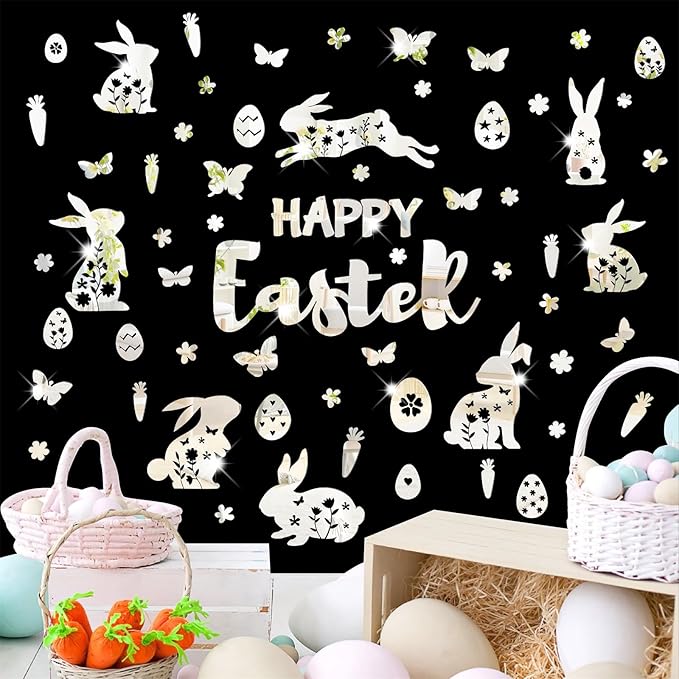 Easter Wall Decor Happy Easter Eggs Bunny Flower Wall Decals 3D Acrylic Mirror Wall Stickers Peel and Stick Easter Floral Butterfly Wall Art Mural for Spring Kids Bedroom Party Supplies Decoration