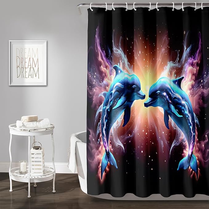 AILONEN 3D Dolphin Shower Curtain for Bathroom, Cute Kawaii Blue Ocean Dolphin Bath Curtain,Fantasy Smoky Print Black Curtain Waterproof with 12 Plastic Hooks for Boys Girls 48" W*72" H