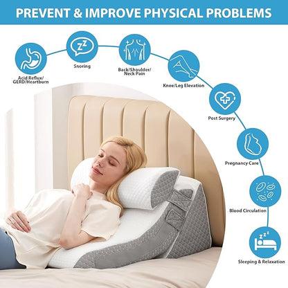 3PCS Bed Wedge Pillow for Sleeping, Adjustable Memory Foam Wedge Pillow for Back Leg Pain Relief, 23” Wide Triangle Pillow Wedge for Post Surgery, Acid Reflux, GERD & Snoring, White/Grey