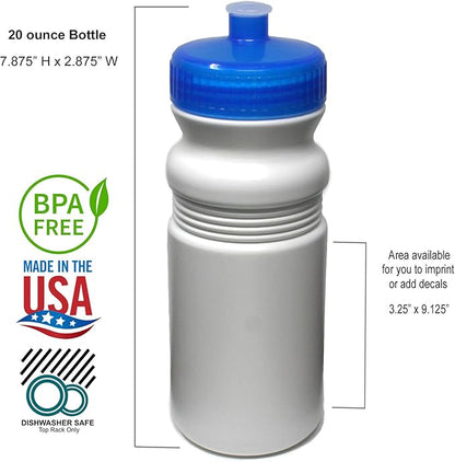 Rolling Sands 20 Ounce Sports Water Bottles 24 Pack, BPA-Free, Made in USA, Dishwasher Safe, White Bottles/Blue Lids
