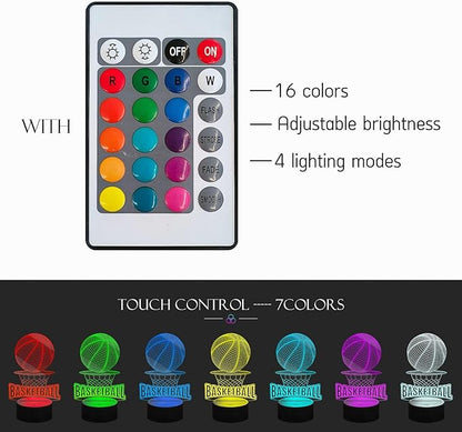 Basketball Frame Glowing RGB Acrylic Lamp with Stand LED Night Light Illusion 16 Color Change Touch Remote Control USB Charge for Bar Bedroom Boy Teens Fans Decoration