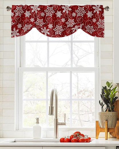 Christmas Blackout Tie Up Valance Curtains for Kitchen Windows Red White Snowflakes Pattern Window Toppers Balloon Shades for Living Room/Bathroom/Bedroom,1 Panel, 60" X 18", Winter
