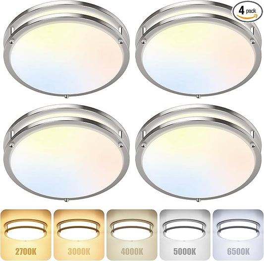 4-Pack 12 Inch Dimmable LED Ceiling Lights, 36W 2700K/3000K/4000K/5000K/6500K Adjusted Flush Mount Ceiling Light, 3200LM Super Bright Brushed Nickel Lighting Lamp Fixture for Bedroom Bathroom Dining